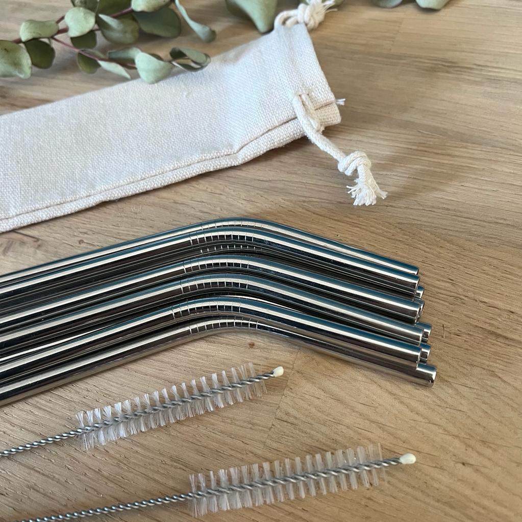 Lot de 10 pailles courbées en inox + 2 goupillons + pochette en lin