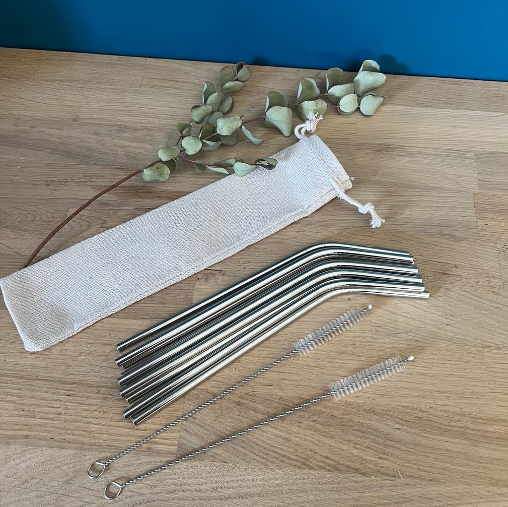 Lot de 10 pailles courbées en inox + 2 goupillons + pochette en lin